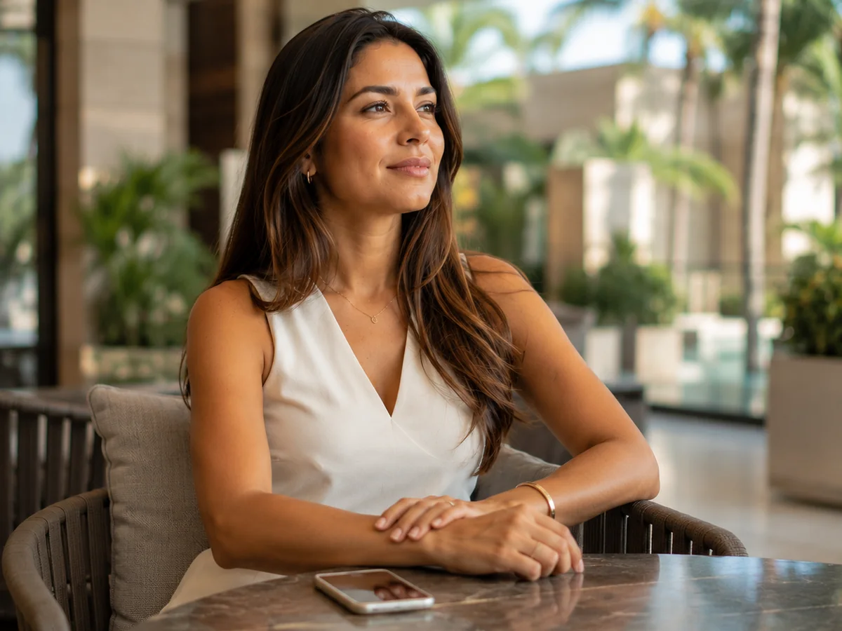 Vendedora serena en la terraza del resort, con su teléfono sobre la mesa