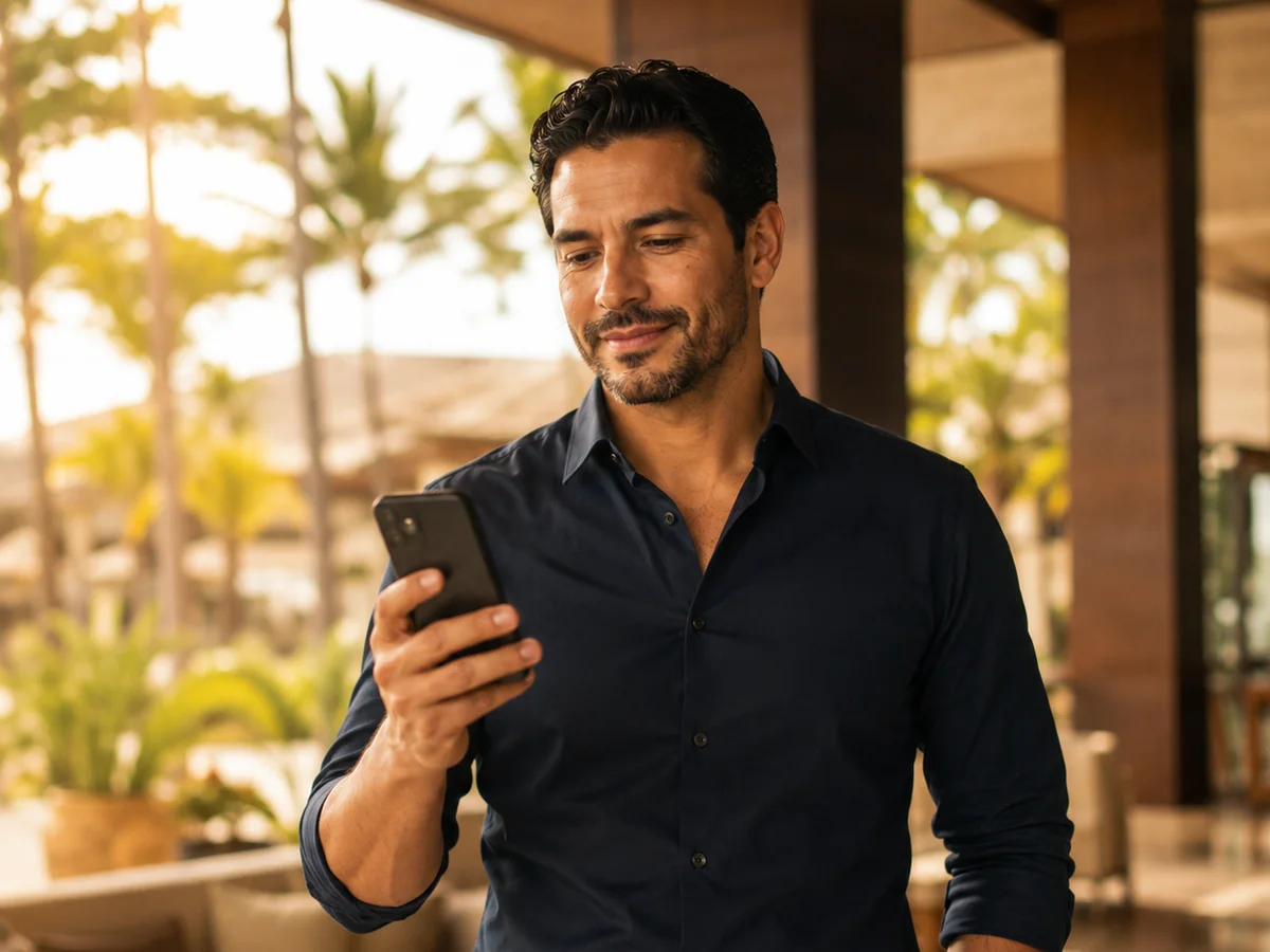 Vendedor registrando su venta en la app desde el pasillo del resort