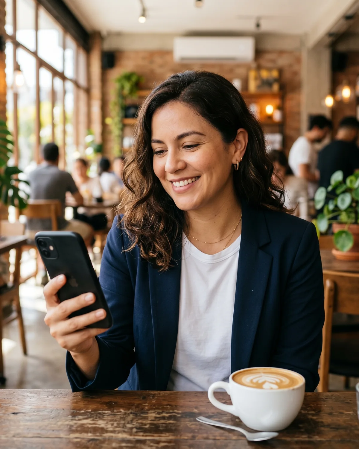 Vendedora revisando sus números en la app Quota desde una cafetería